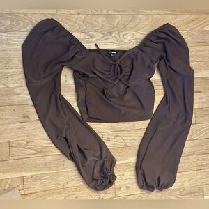 Brown Puff Sleeve Ruched Crop‎ Blouse
